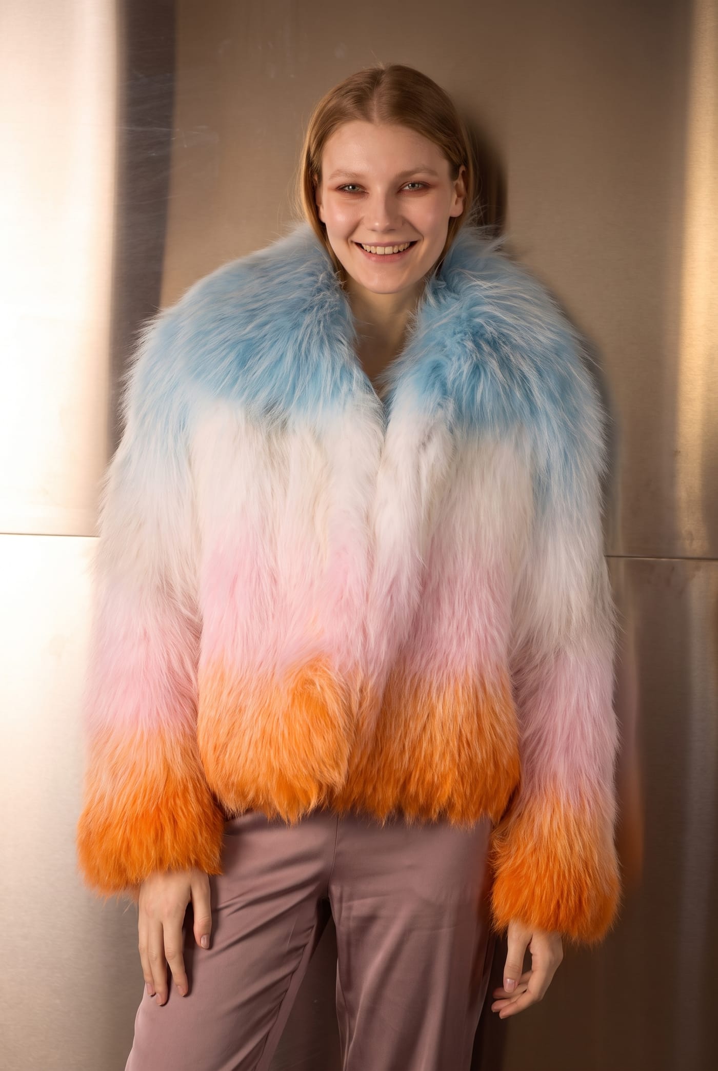 Style KARLO full-volume gradient knitted fox jacket, front