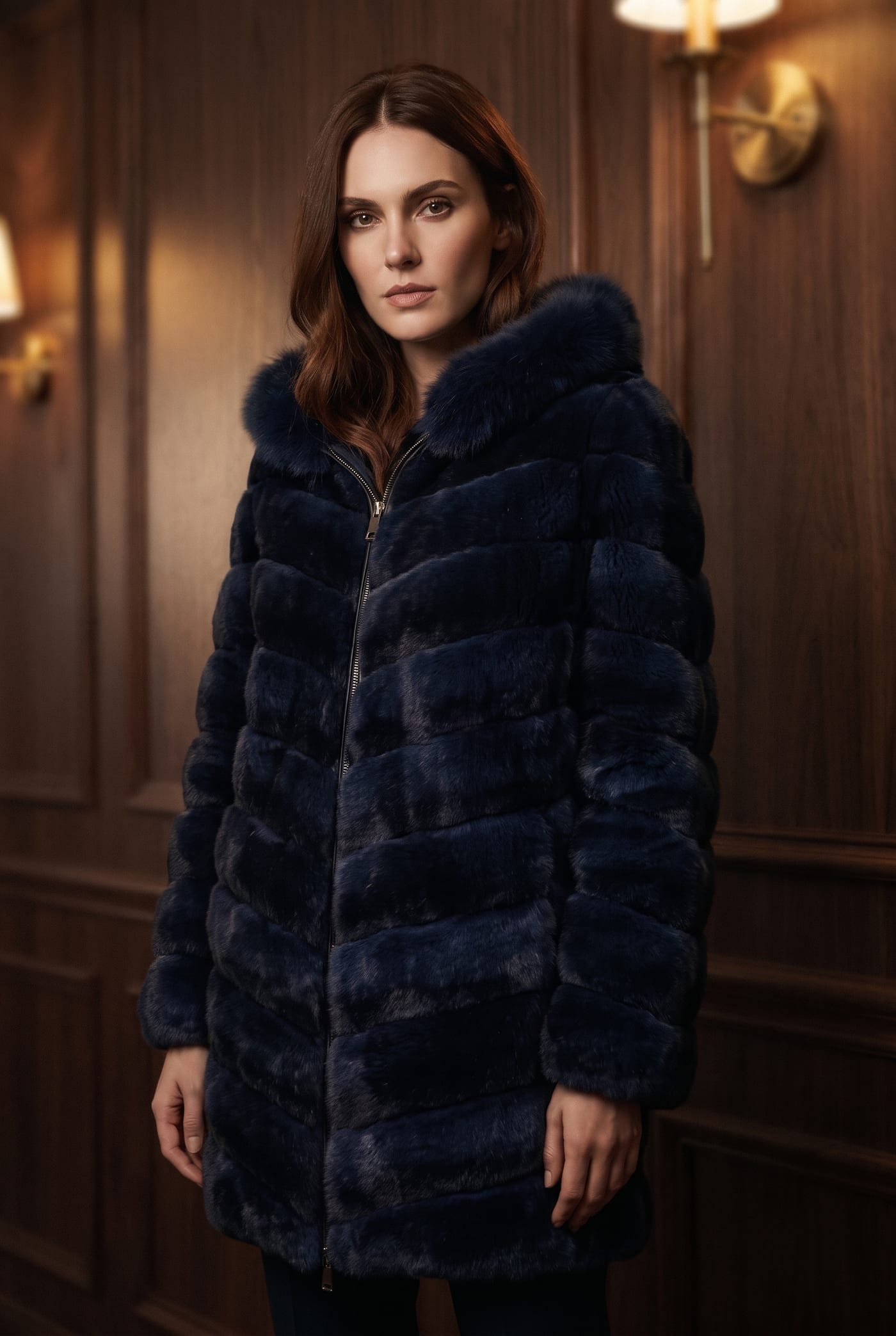Style LAORA navy chinchilla rex rabbit coat with hood