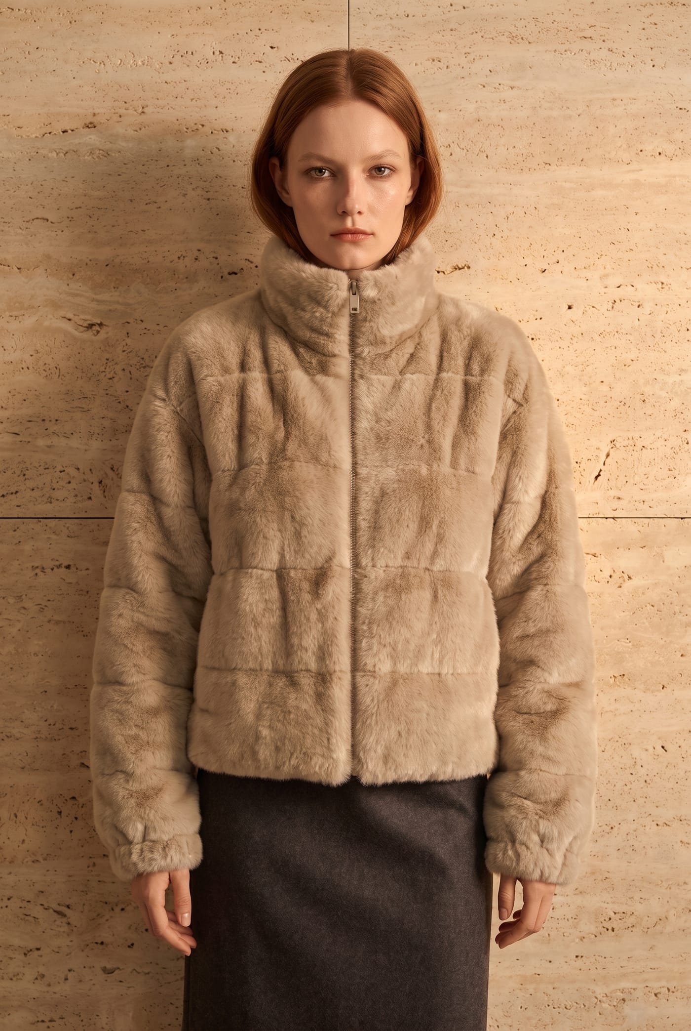 Style LIAM-F beige paneled faux fur jacket, front