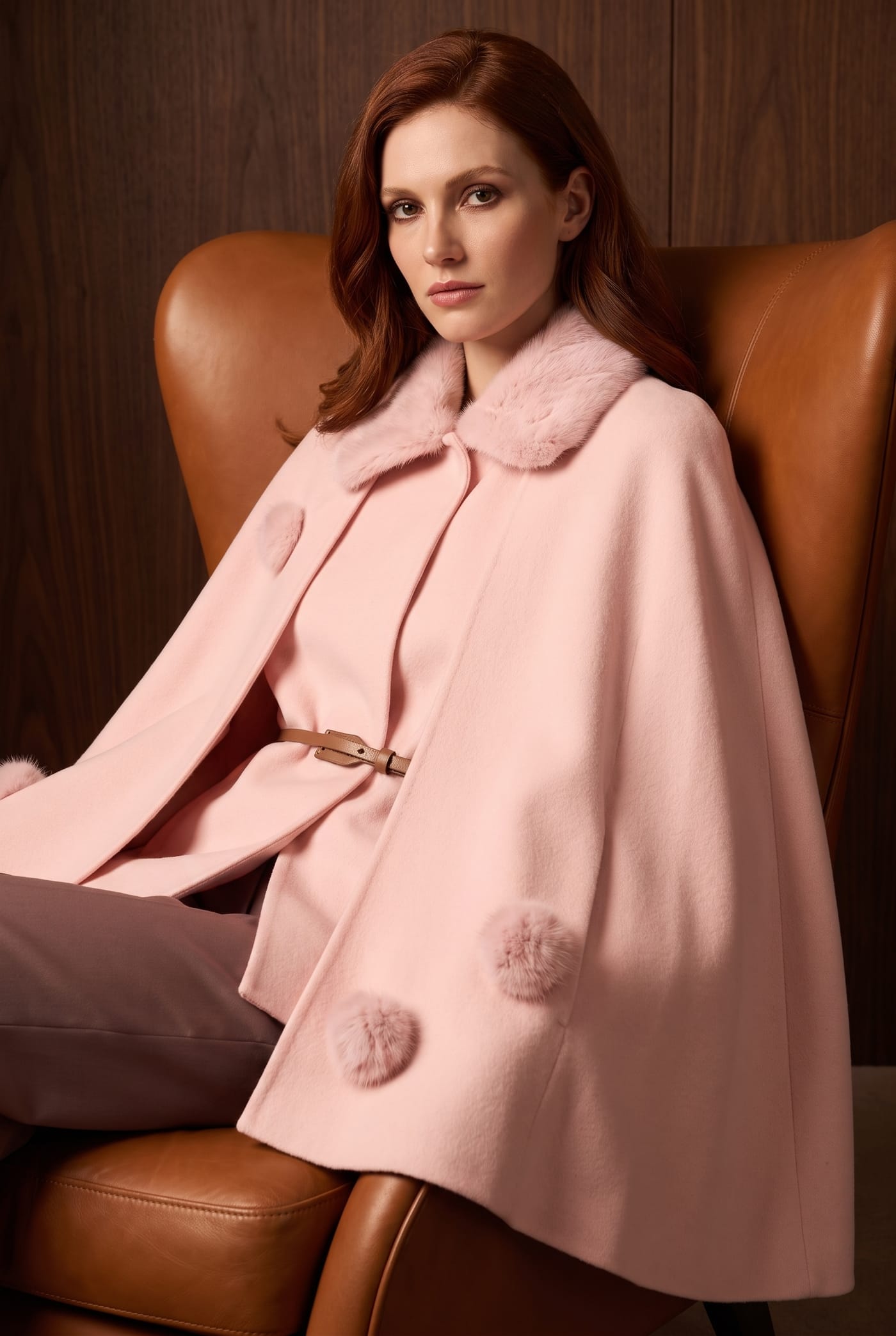 Style LIZANE pink cape with mink collar, seated