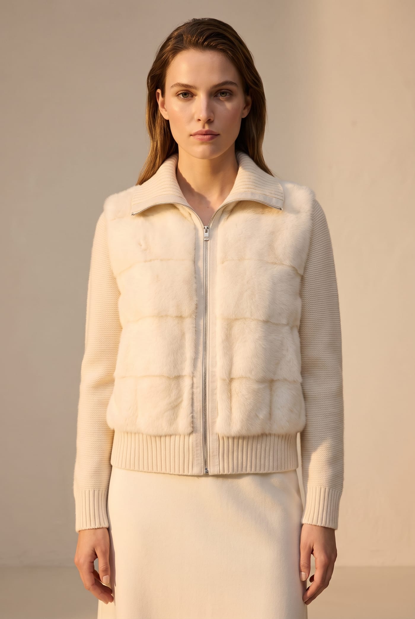 Style LP ivory mink puffer cardigan, front