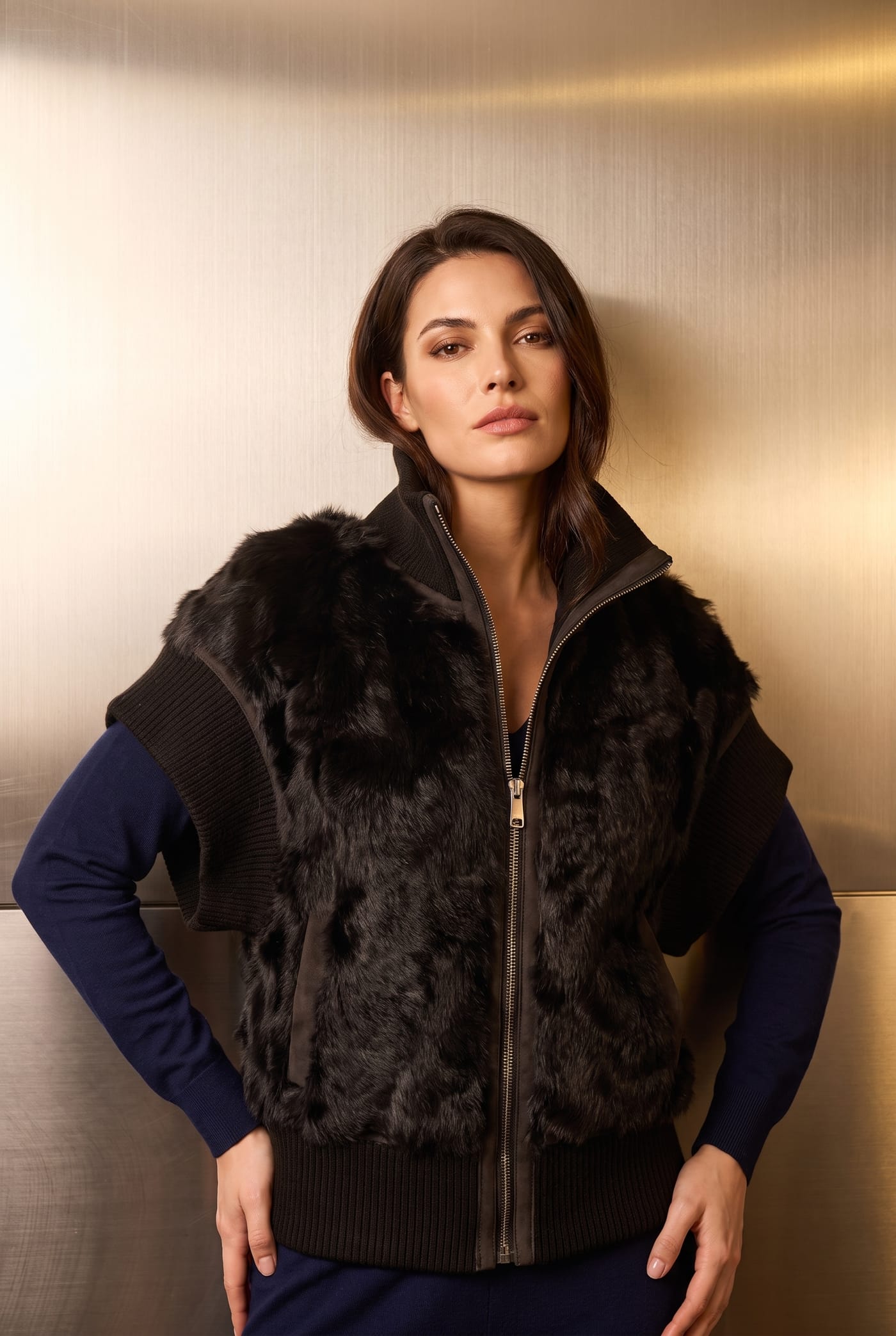 Style MALACA-R black lamb fur gilet, front