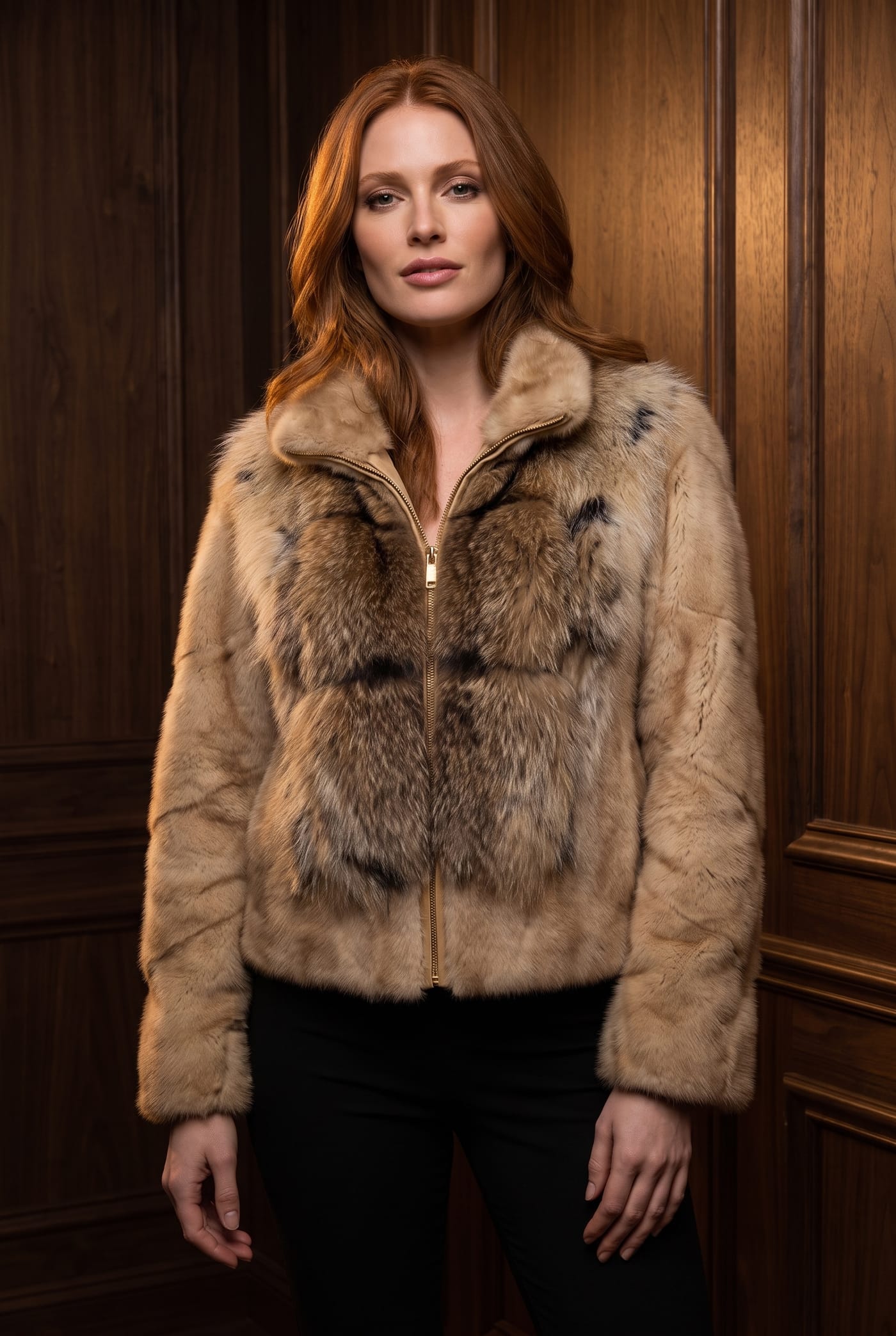 Style MOMO honey mink jacket with raccoon accents, front