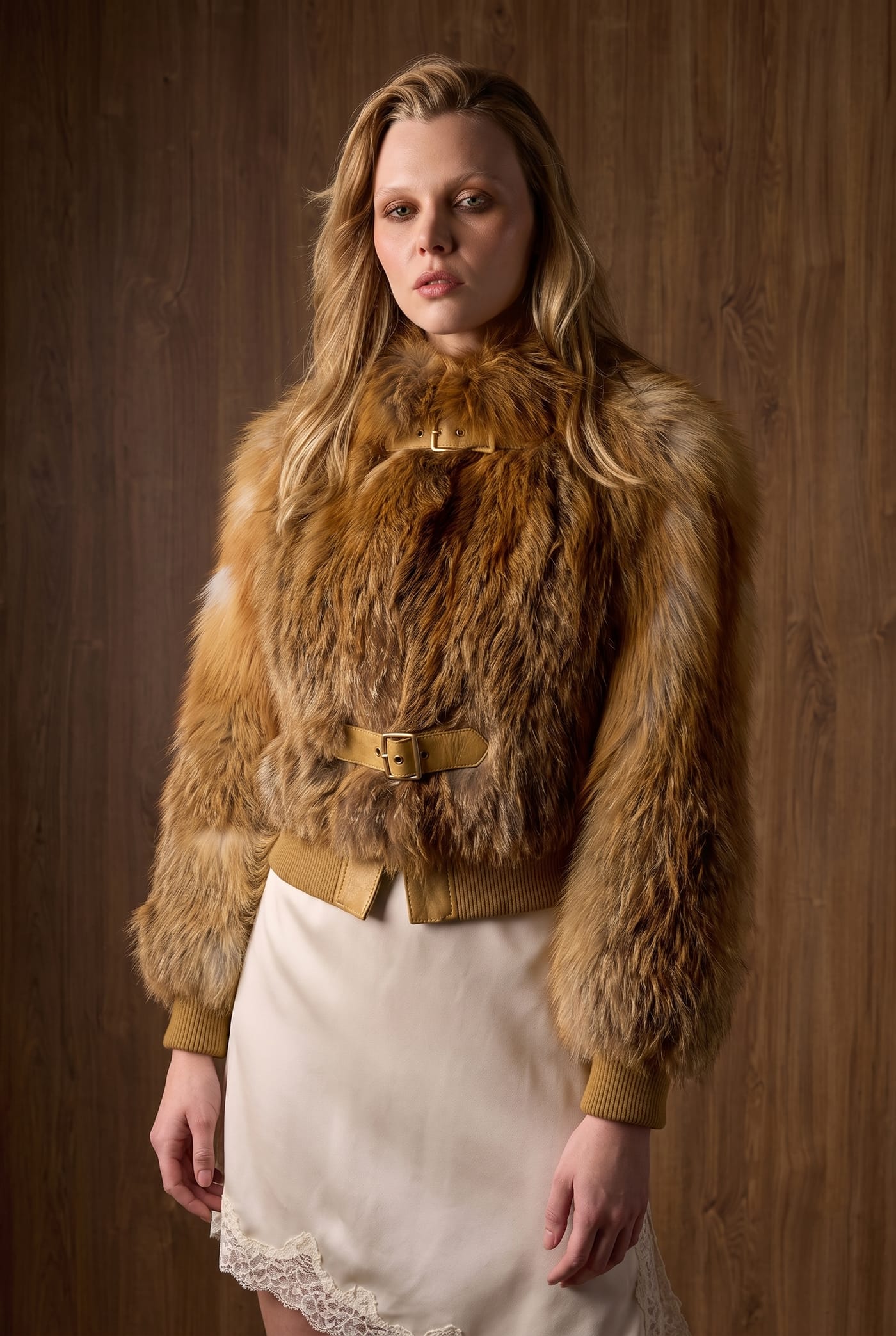 Style MORA red fox jacket with buckle closures, front