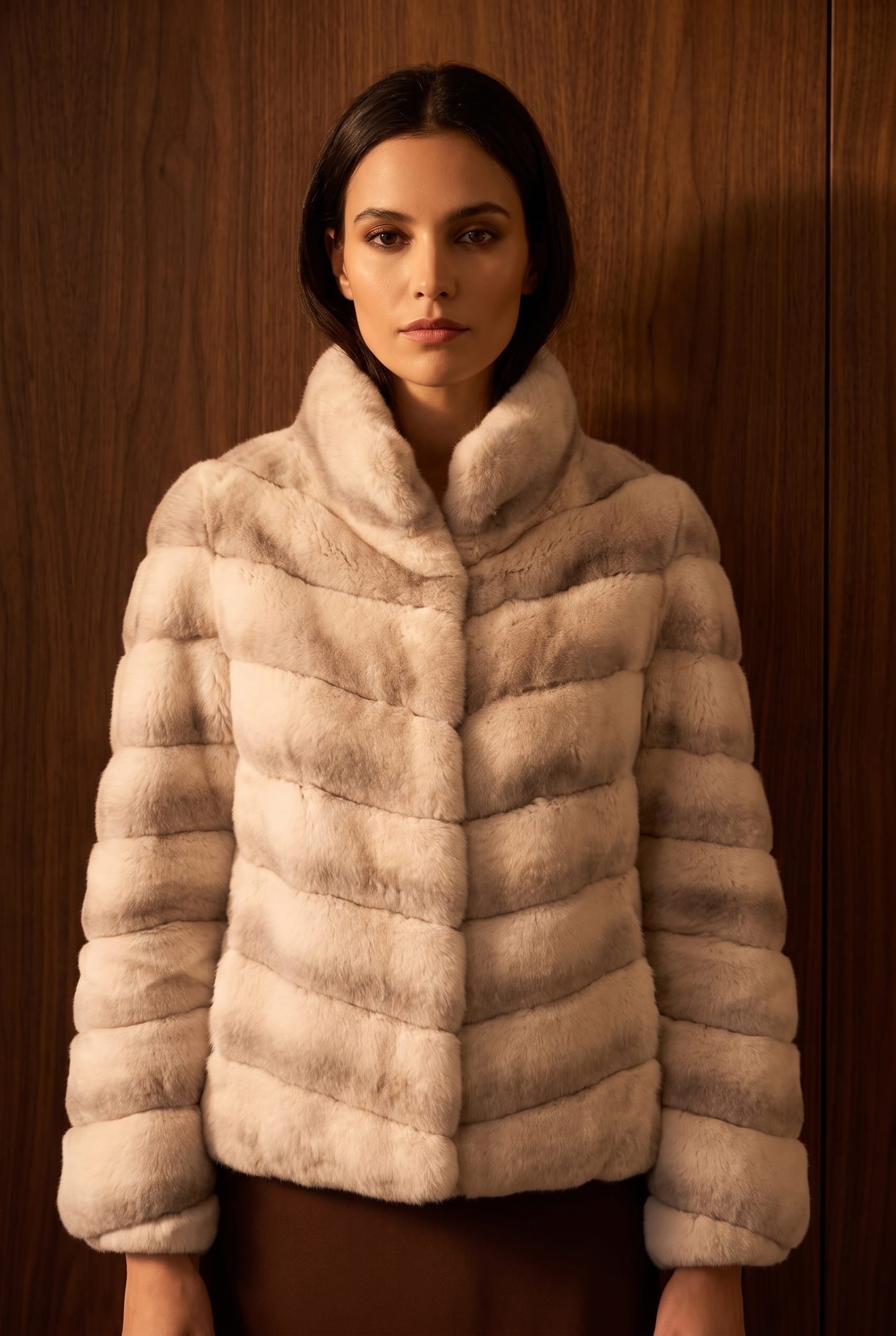 Style MX907 chinchilla jacket in beige, front