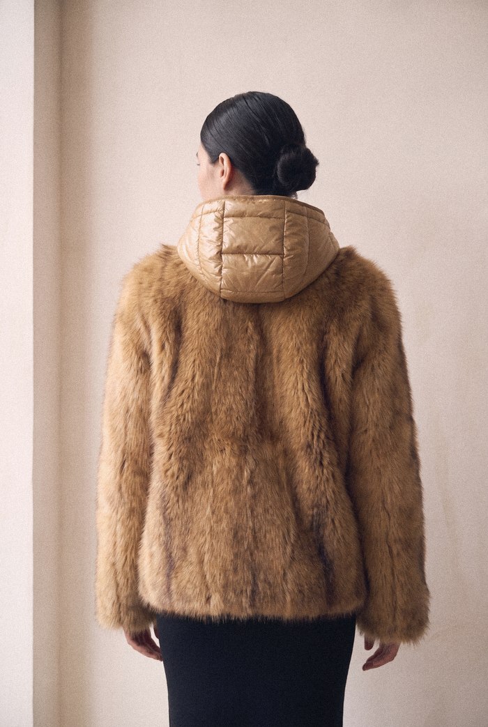 Faux fur jacket in camel, back view