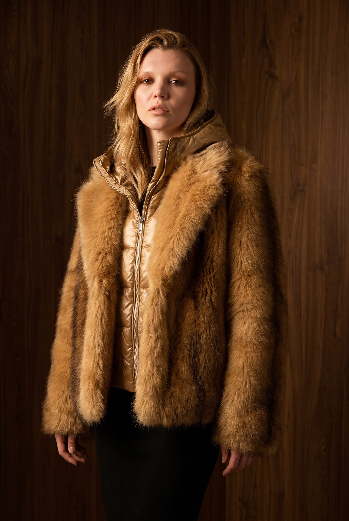 Style NF-11 camel faux fur jacket with metallic puffer inner