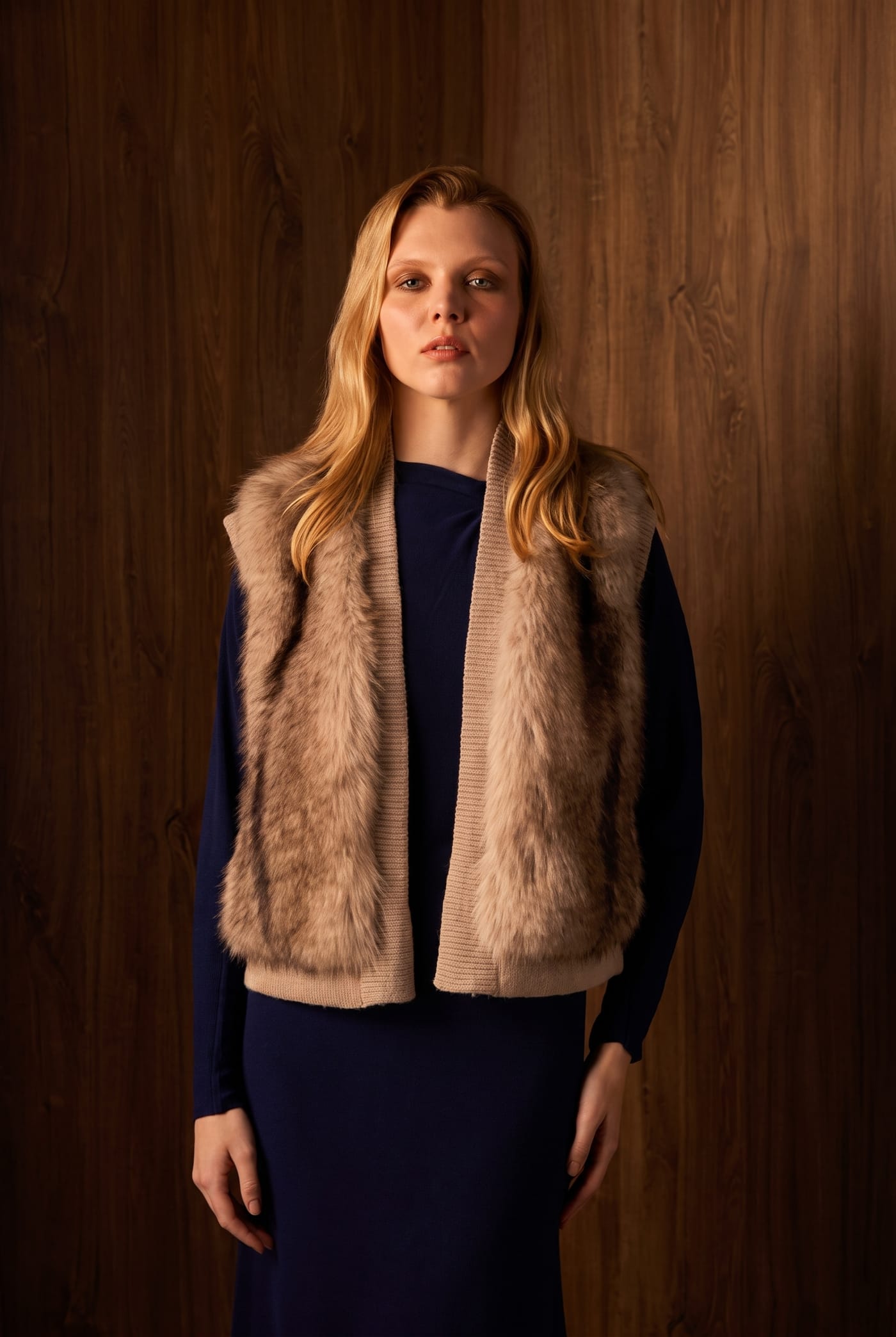 Style NF-1 cross-fox faux knit vest, front