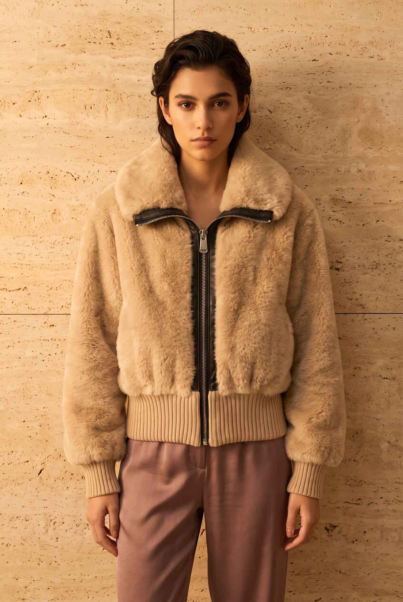 Style PINTO gold faux fur bomber with black trim, front