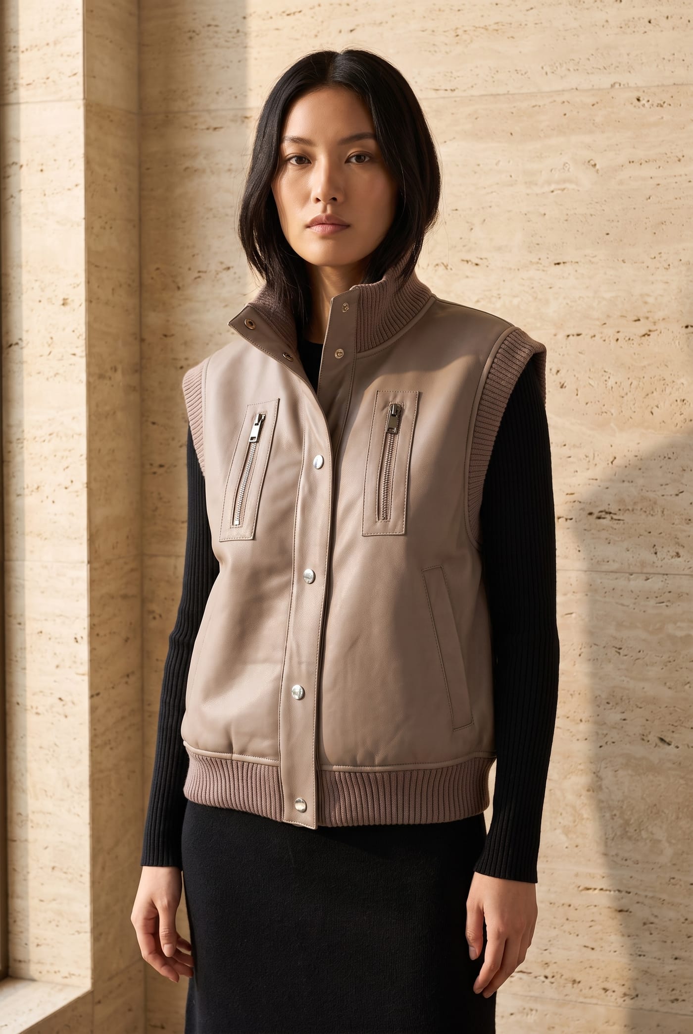 Style REV taupe reversible vest, front