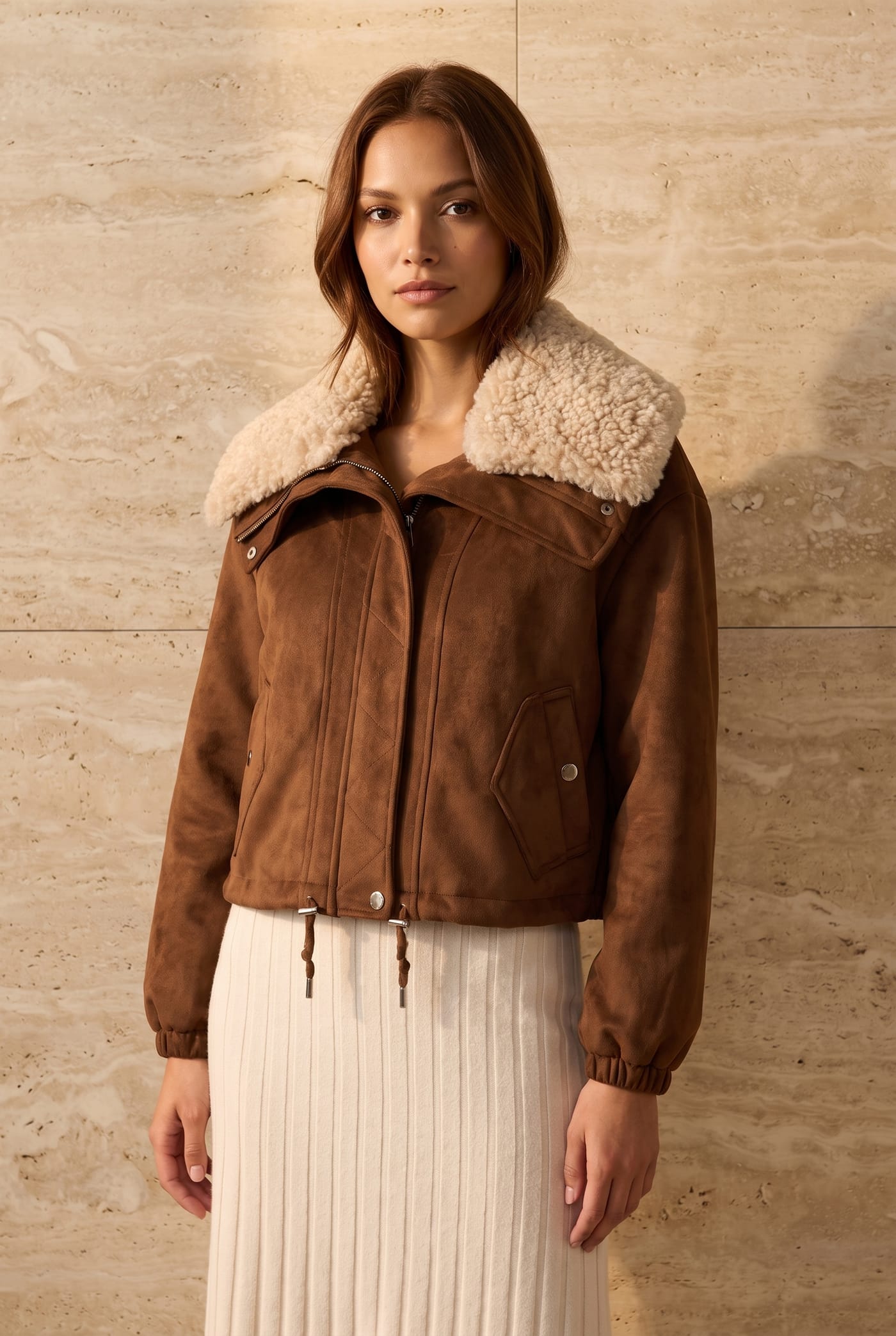 Style S5636 brown faux suede jacket with shearling collar