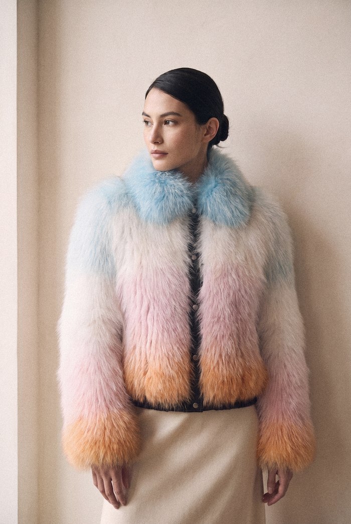 Gradient knitted fox jacket, worn