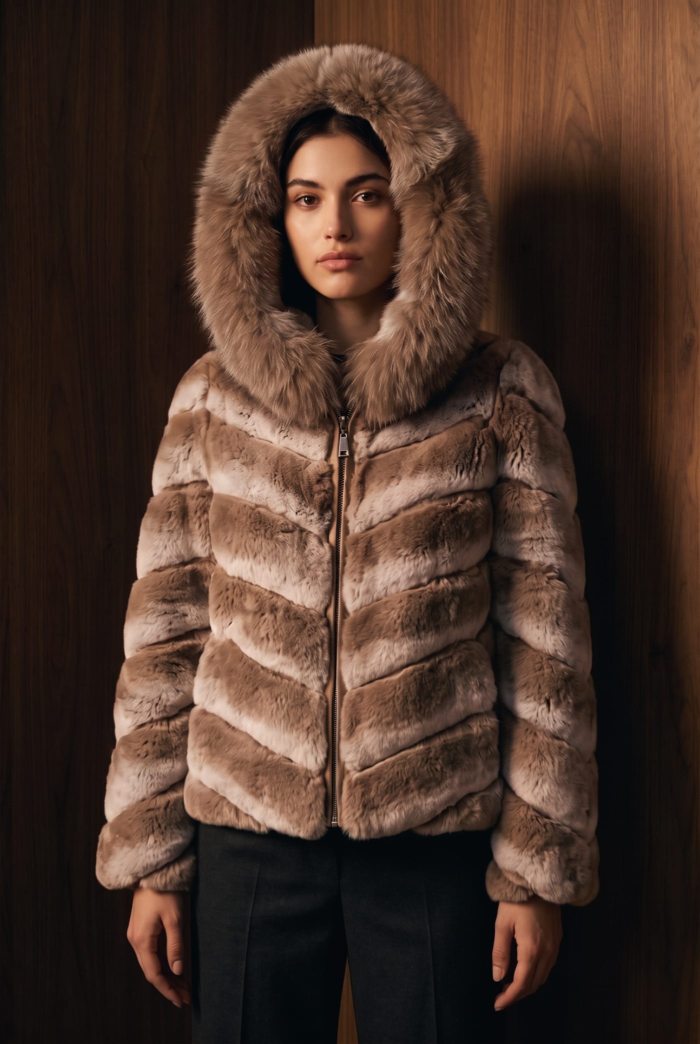Style SHATI beige chinchilla jacket with fox-trimmed hood