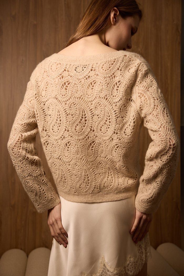 Crochet paisley cardigan in beige, back view