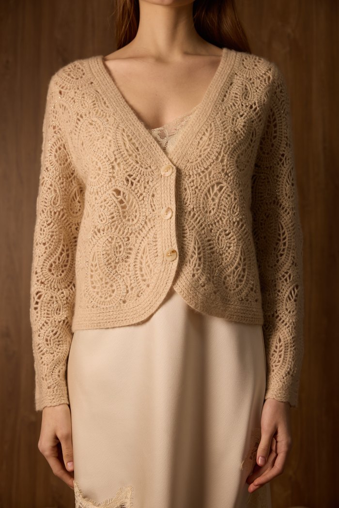 Crochet paisley cardigan in beige, worn
