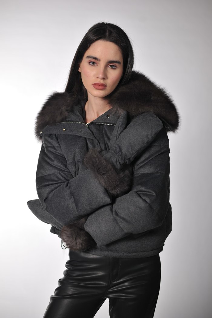 Sable fox cashmere puffer in dark grey, worn