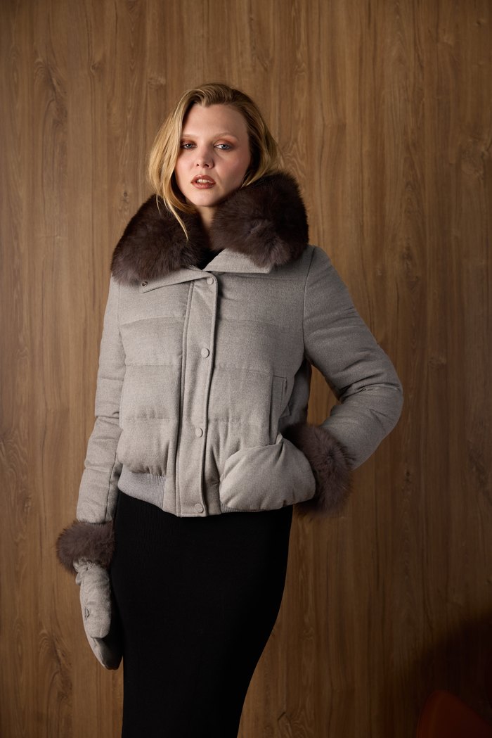Fox collar cashmere puffer in light grey, worn