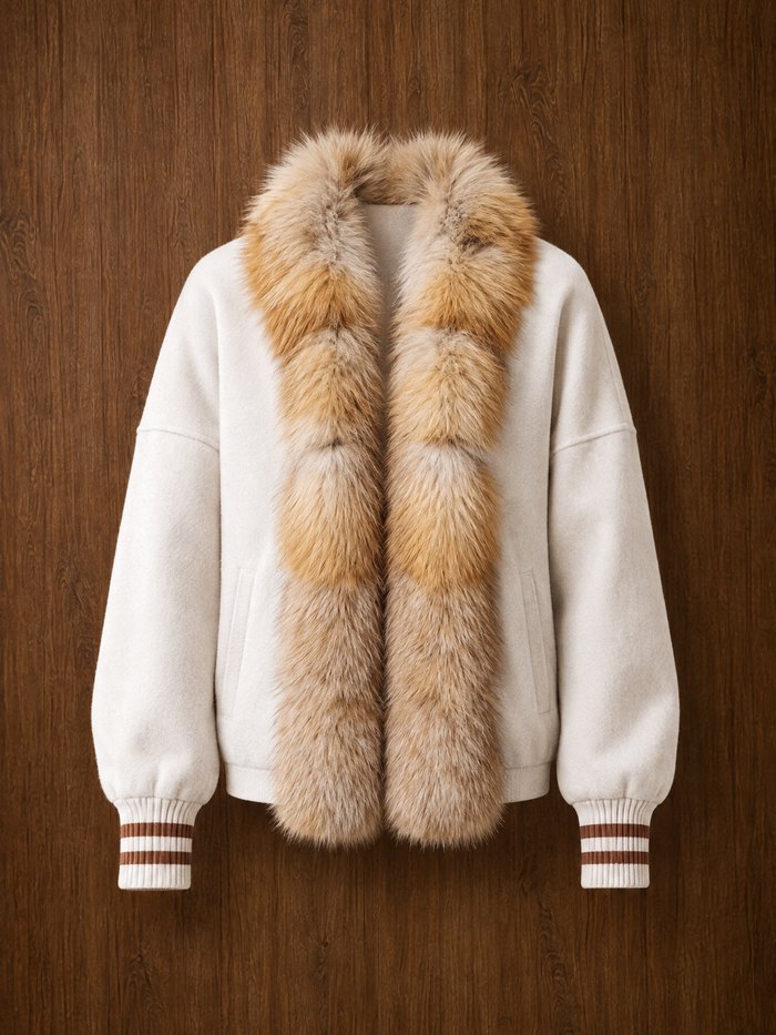 Fox trim cashmere bomber in white, front