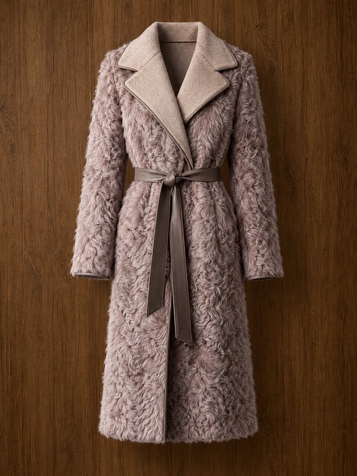 Reversible belted coat, sheep fur side, front