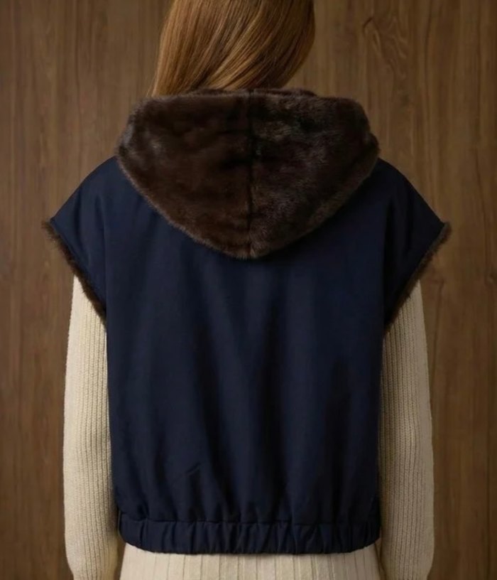 Reversible faux fur gilet, navy side, back view