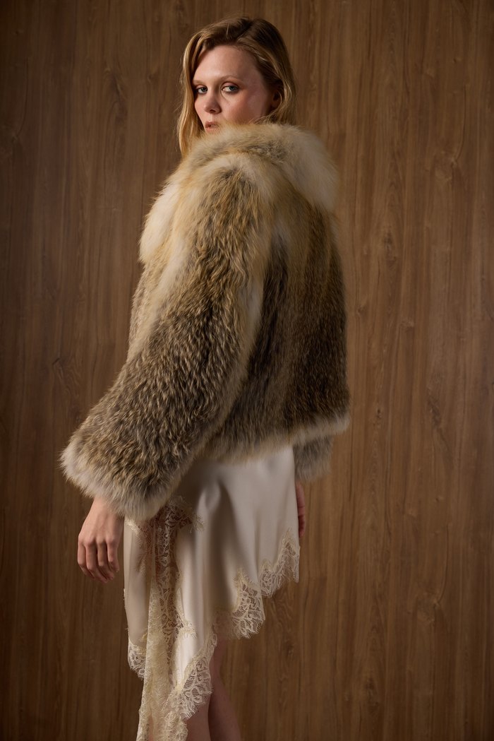 Golden Island knitted fox jacket, side view