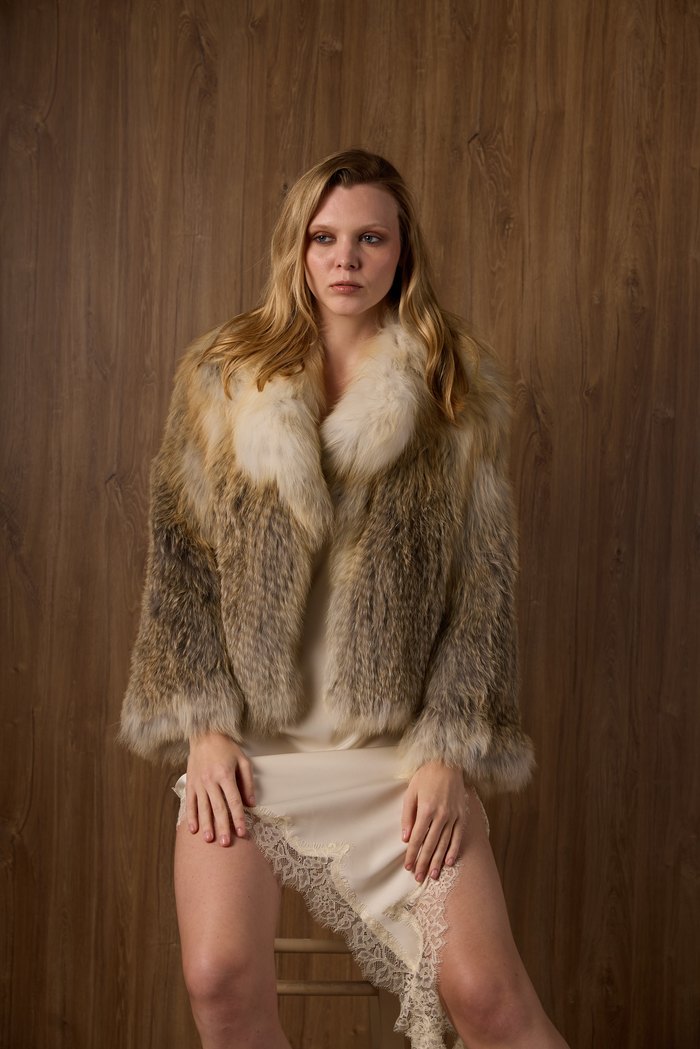 Golden Island knitted fox jacket, worn