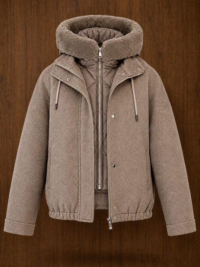 Down vest and wool jacket set in taupe, front