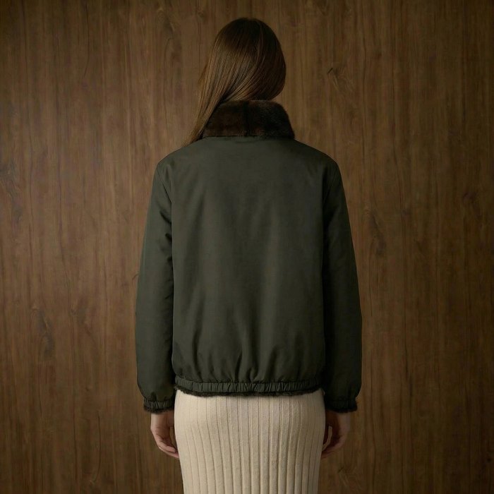 Reversible faux fur jacket in army green, back view