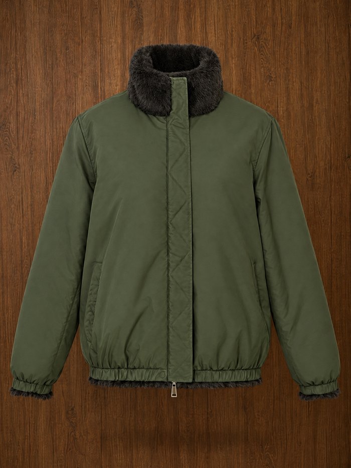 Reversible faux fur jacket, army green nylon side, front