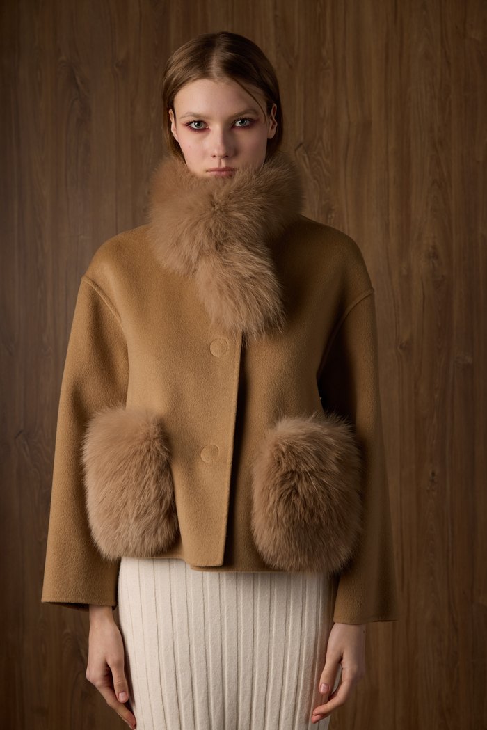 Fox pocket cashmere jacket in camel, worn