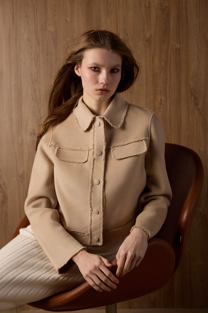 Rebecca cashmere shirt jacket in beige, worn