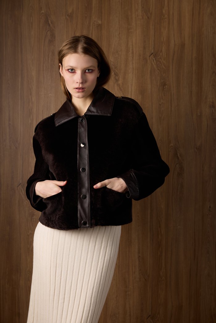 Mila shearling jacket in brown, worn