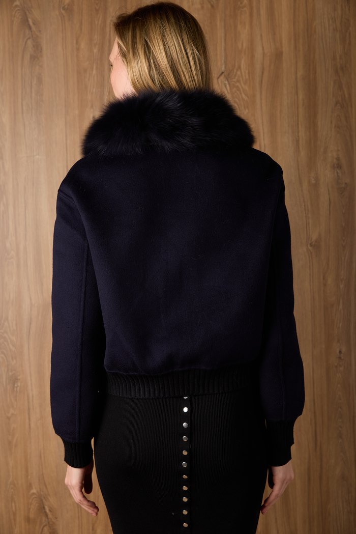 Cropped jacket with fox collar in navy, back view