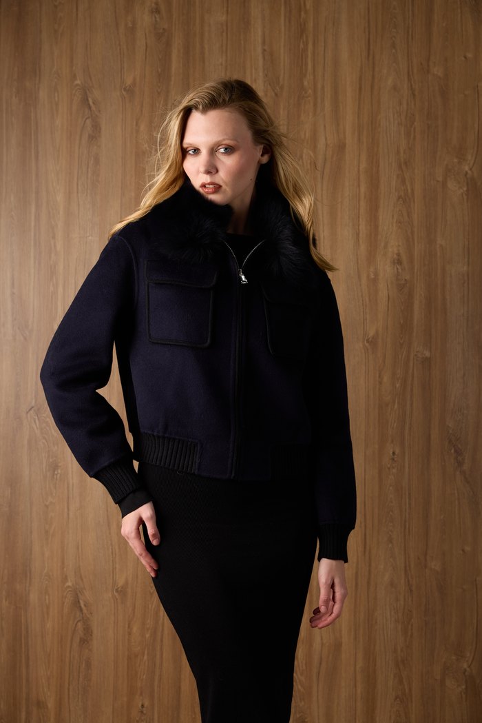 Cropped jacket with fox collar in navy, side view