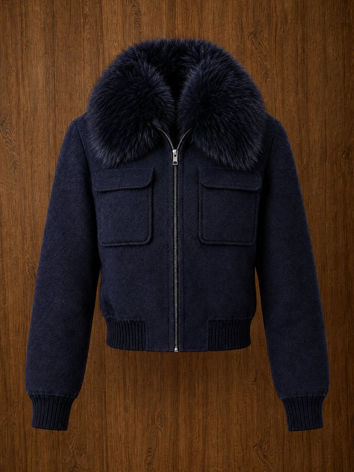 Cropped jacket with fox collar in navy, front