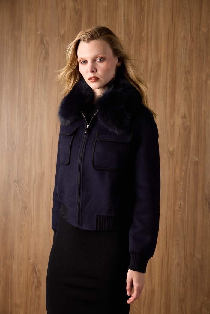 Cropped jacket with fox collar in navy, worn