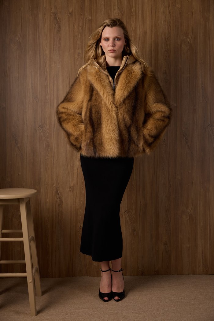 Faux fur jacket in camel, worn