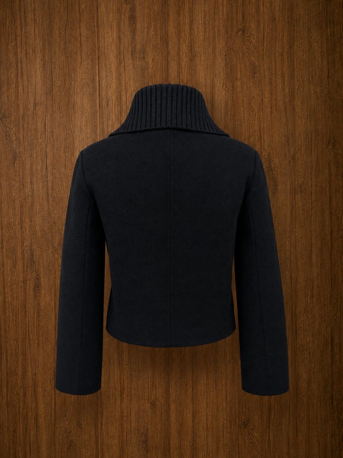 Knit collar cashmere jacket in black, back view