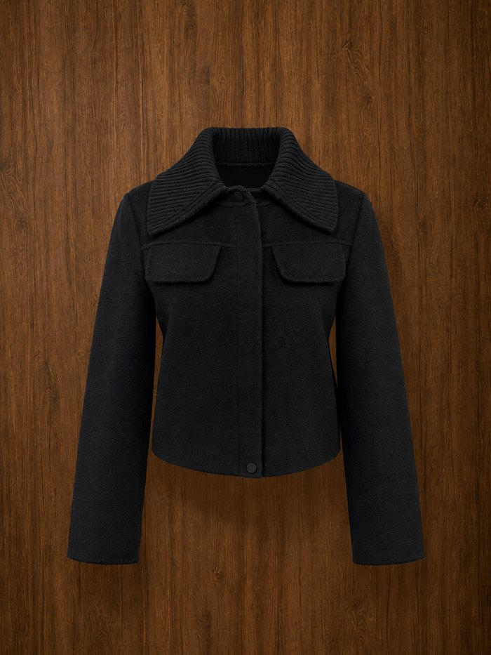 Knit collar cashmere jacket in black, front
