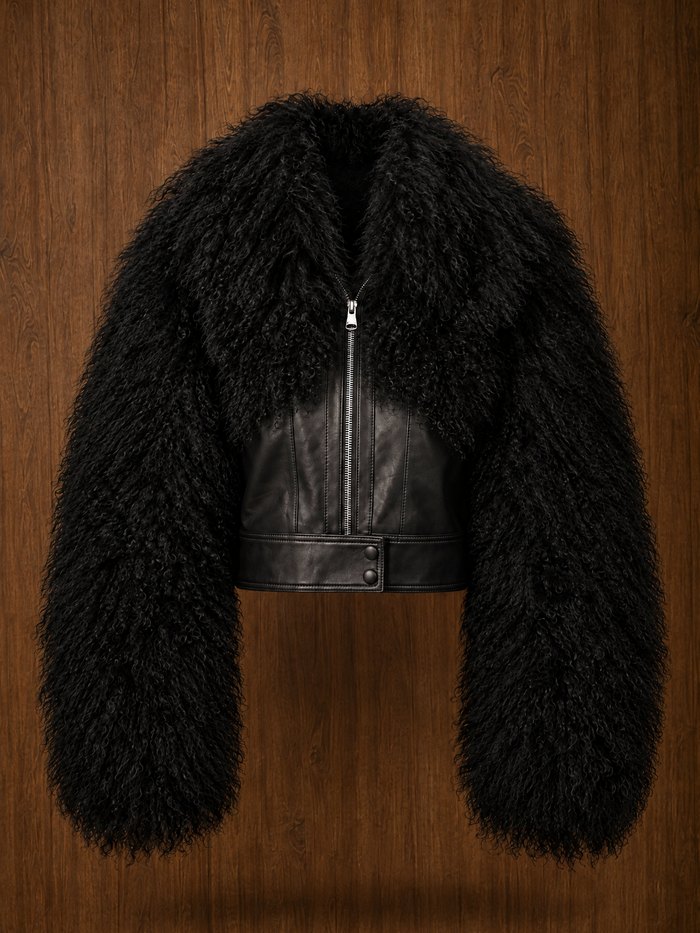 Tibet lamb and leather jacket in black, front
