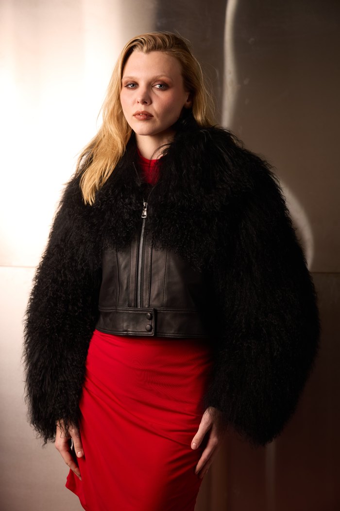 Tibet lamb and leather jacket in black, worn