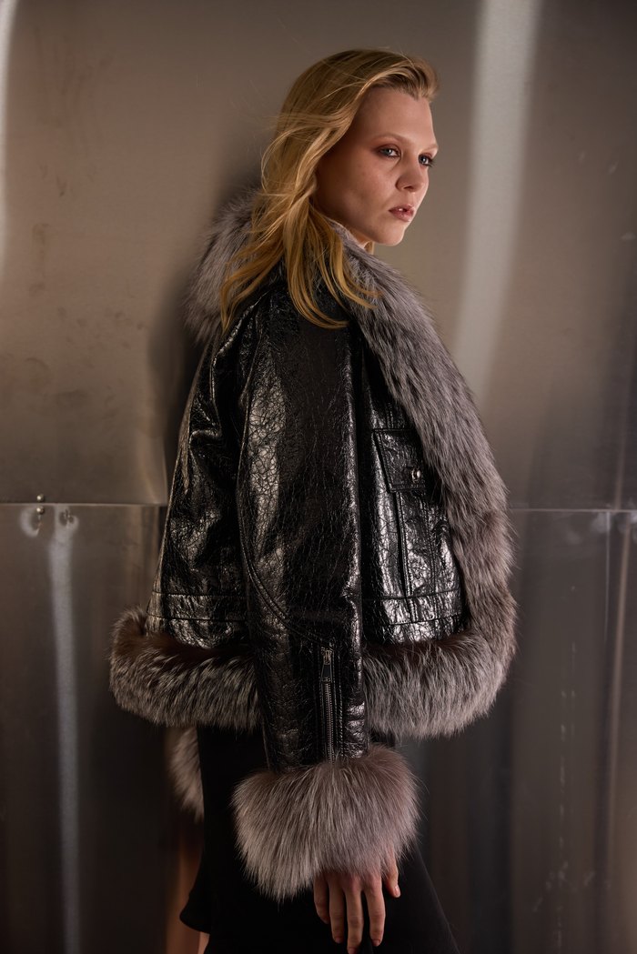 Silver fox trim leather jacket, worn open