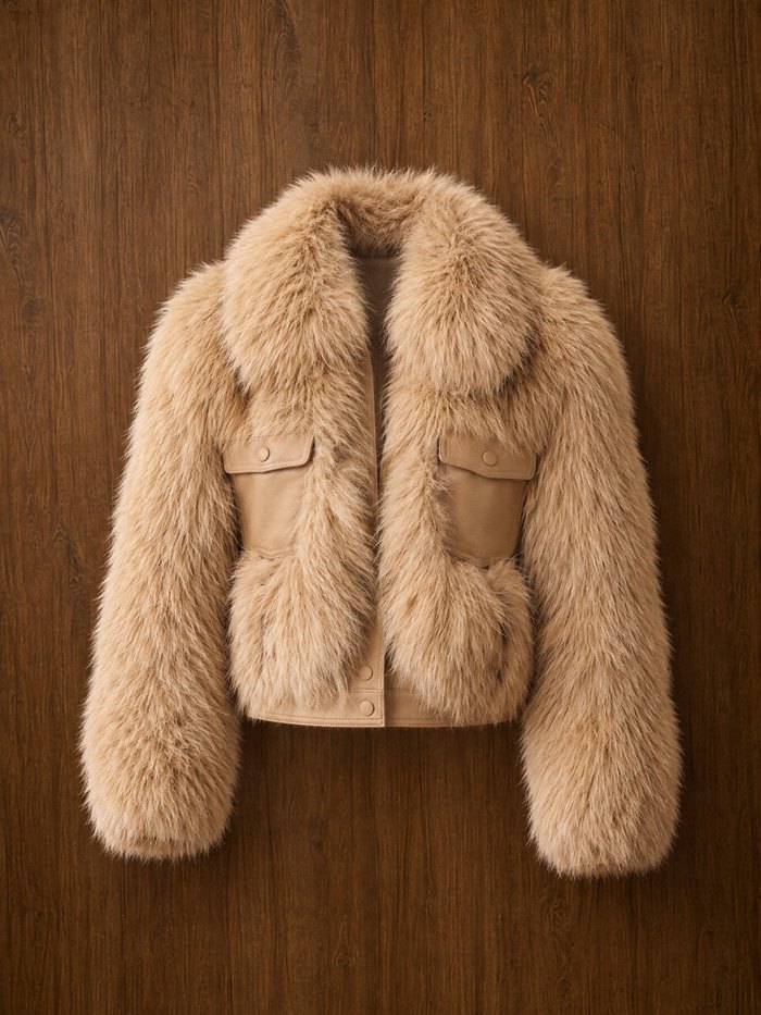 Fox jacket with leather pockets, front