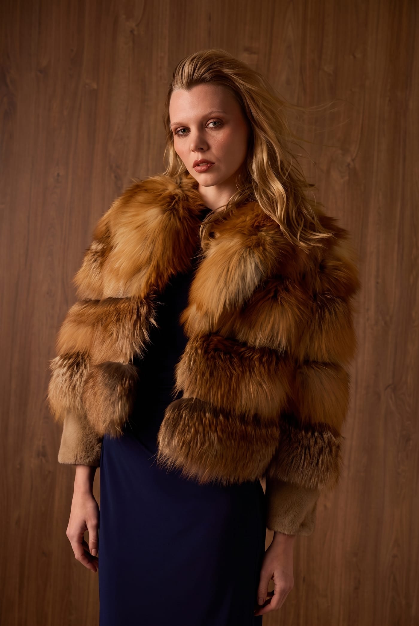 Style SPRF red fox jacket with mink cuffs, front