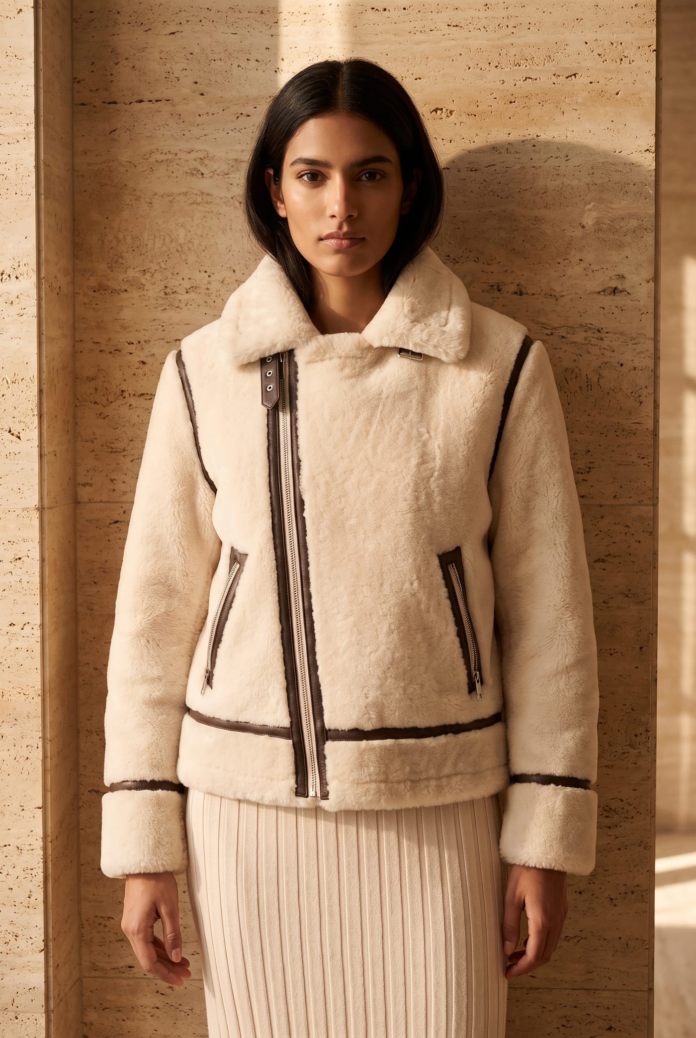 Style VENISE ivory shearling biker jacket