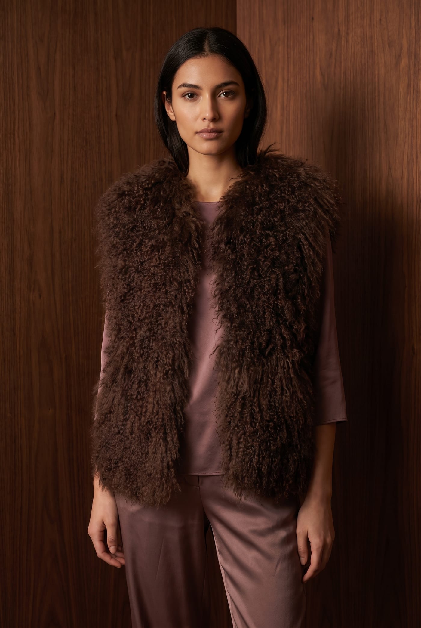 Style VERENA Tibetan lamb gilet in brown, front