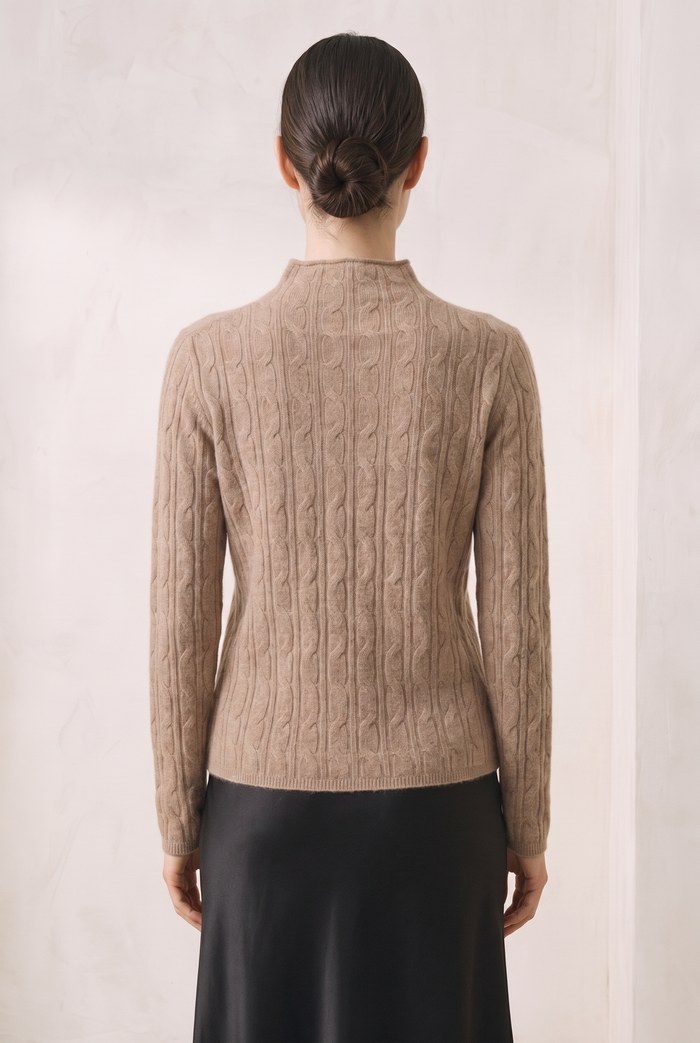 Style YRL270 taupe sweater, back view