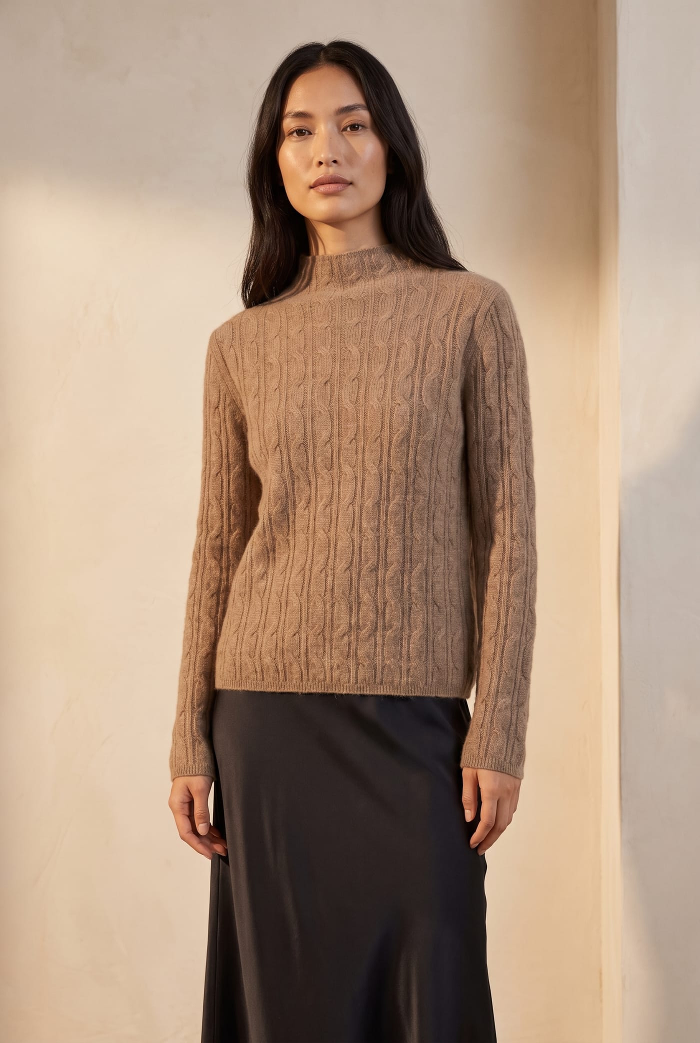 Style YRL270 camel braided cable high-neck sweater, front