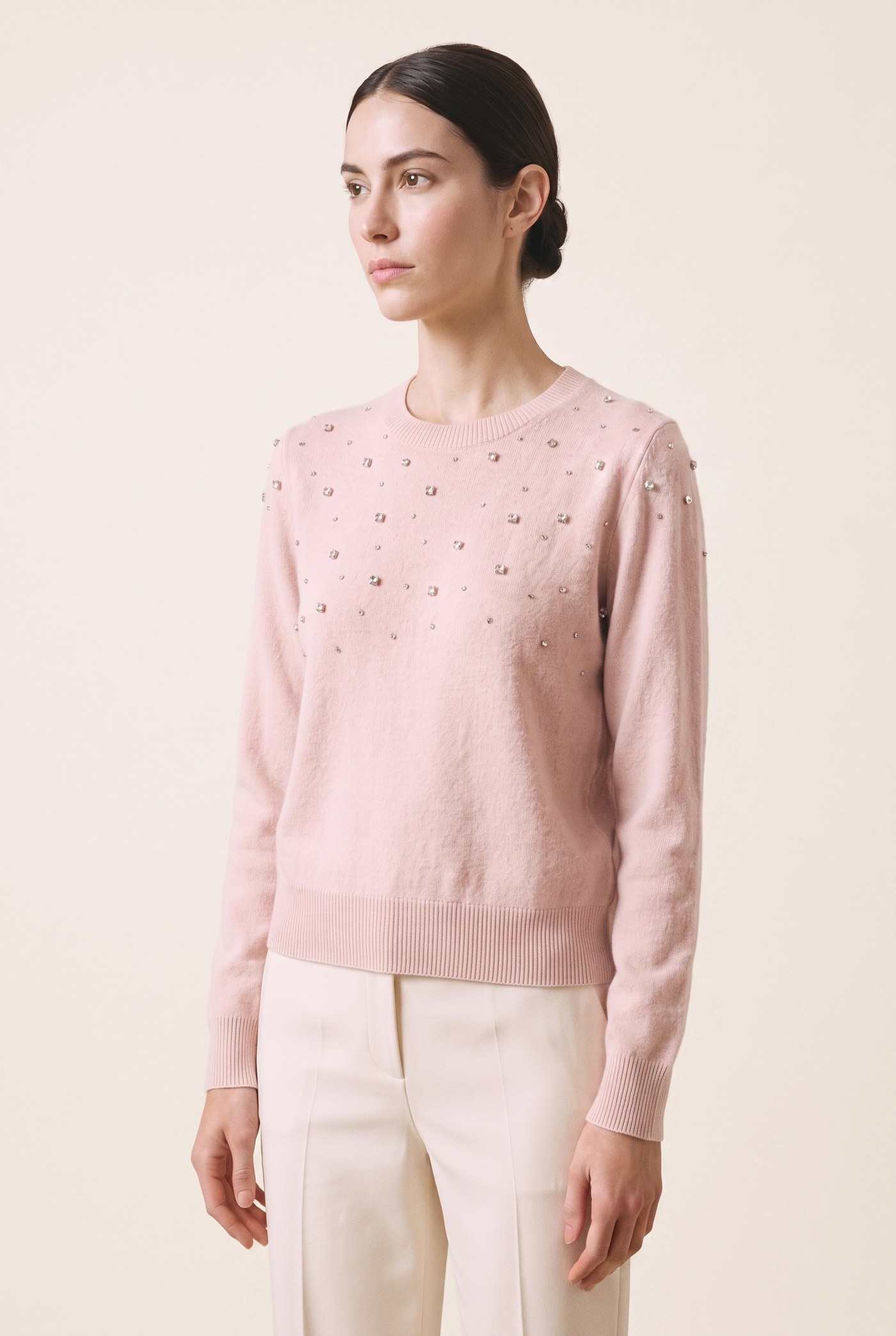 Style YRL295 pink rhinestone cashmere crewneck, front