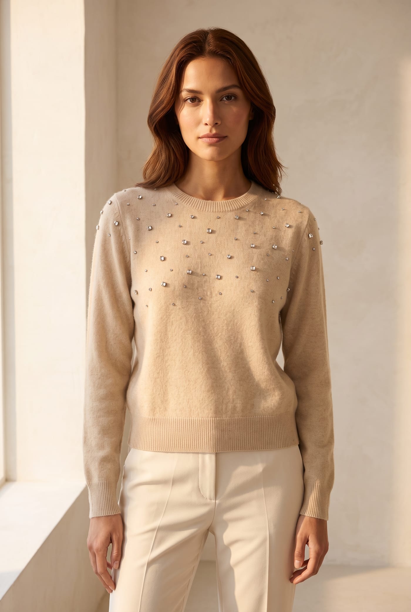 Style YRL295 beige rhinestone cashmere crewneck, front